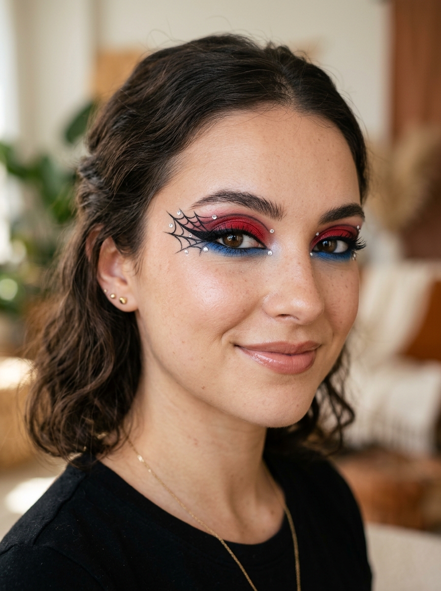 Spiderman Makeup mit Strass-Akzenten als Spiderman Makeup Inspiration 2026
